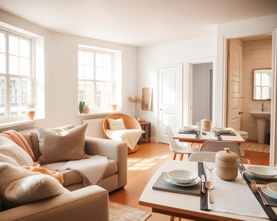 A bright, airy, and inviting Airbnb interior scene with ample natural lighting streaming through large windows. The room features a clean, minimalist design with white walls, wooden floors, and a mix of modern and rustic furnishings. In the foreground, a cozy seating area with plush cushions and throws invites guests to relax. The middle ground showcases a well-styled dining table set for a meal, while the background reveals a glimpse of an ensuite bathroom with sleek, contemporary fixtures. The overall mood is warm, serene, and conducive to capturing high-quality photographs that showcase the property's best features.