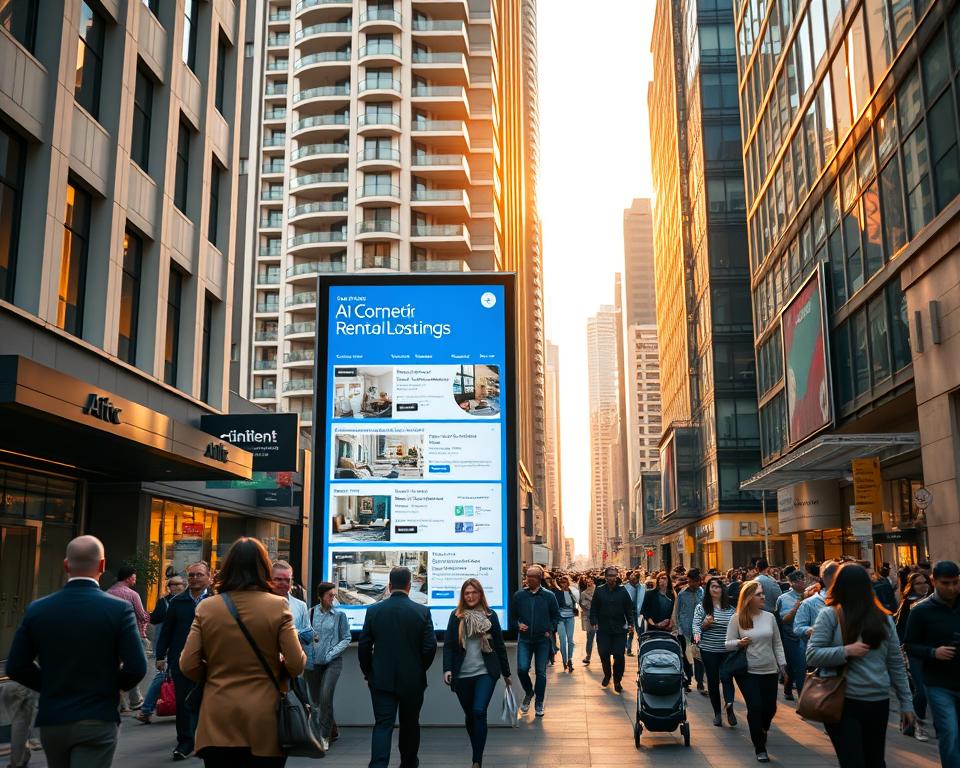 A bustling city street scene, with a towering apartment building in the background, its fa&ccedil;ade adorned with sleek, modern architecture. In the foreground, a diverse crowd of people navigates the sidewalk, some carrying briefcases, others pushing strollers. A digital display board showcases rental listings, its screen flickering with AI-generated recommendations. The lighting is warm and golden, casting a soft glow over the scene, hinting at the potential of technology to revolutionize the rental market. The overall atmosphere conveys a sense of progress, innovation, and the evolving role of AI in shaping the future of urban living.