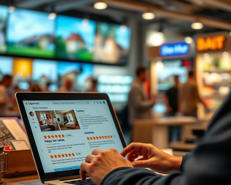 A bustling online marketplace, customers' reviews prominently displayed on product pages. A customer carefully perusing testimonials, weighing the opinions of others before making a purchasing decision. Warm, diffused lighting illuminates the scene, creating a sense of trust and reliability. The foreground showcases a laptop screen filled with detailed star ratings and thoughtful commentary, while the background features blurred, out-of-focus images of various accommodations, reflecting the diverse options available. An atmosphere of informed decision-making and the importance of peer validation pervades the composition.