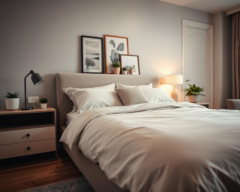A close-up shot of a stylishly decorated Airbnb interior, showcasing the powerful impact of high-quality, visually compelling photography on the copywriting. The foreground features an elegantly made bed with plush linens, flanked by sleek nightstands and a minimalist lamp casting a warm, inviting glow. The middle ground displays a tastefully curated selection of decorative elements, such as potted plants, framed artwork, and textured throw pillows, all meticulously arranged to create a visually captivating scene. The background subtly hints at the broader space, with hints of hardwood floors, neutral-toned walls, and perhaps a glimpse of an adjacent room, conveying a sense of depth and spatial awareness. The overall mood is one of modern sophistication, comfort, and attention to detail - qualities that would undoubtedly enhance the Airbnb copywriting and drive increased booking conversions.