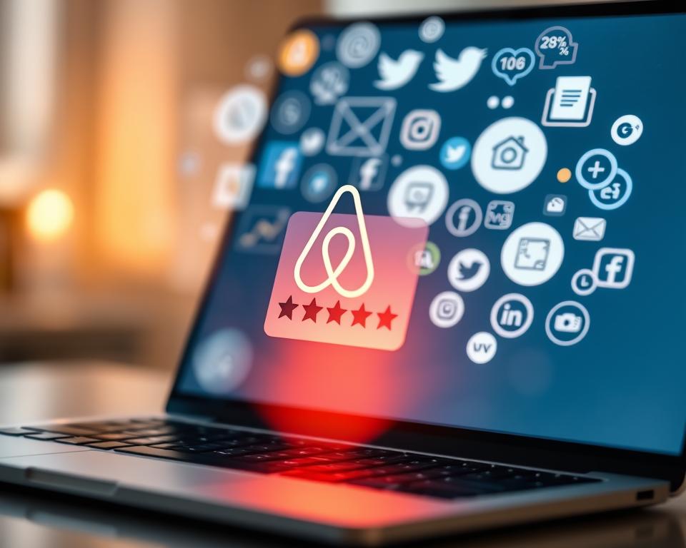 A close-up shot of a stylized Airbnb review icon hovering over a laptop screen, casting a warm glow. In the background, a cloud of social media icons and metrics representing the amplified visibility and influence of positive guest reviews. The image conveys the strategic importance of cultivating favorable Airbnb reviews to optimize a host's online presence and algorithm performance.