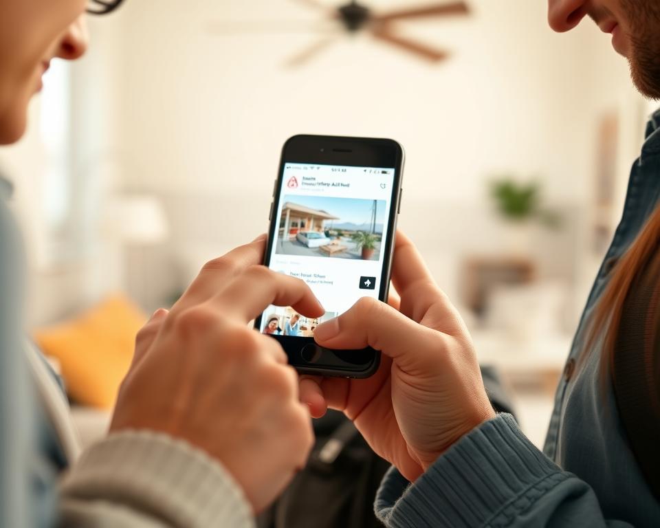 A close-up shot of two travelers examining their smartphone screen, showcasing an Airbnb property listing. The foreground focuses on their hands and the device, with a sharp, high-resolution display of the property's main image. The middle ground blurs out, emphasizing the importance of the visual presentation. The background is a softly lit, minimalist interior, hinting at the living space quality. Warm, natural lighting casts a cozy, inviting atmosphere, drawing the viewer's attention to the alluring property visuals. Subtle shadows and highlights accentuate the tactile, touchscreen experience. The overall mood conveys the pivotal role of impactful, high-quality photographs in Airbnb bookings.