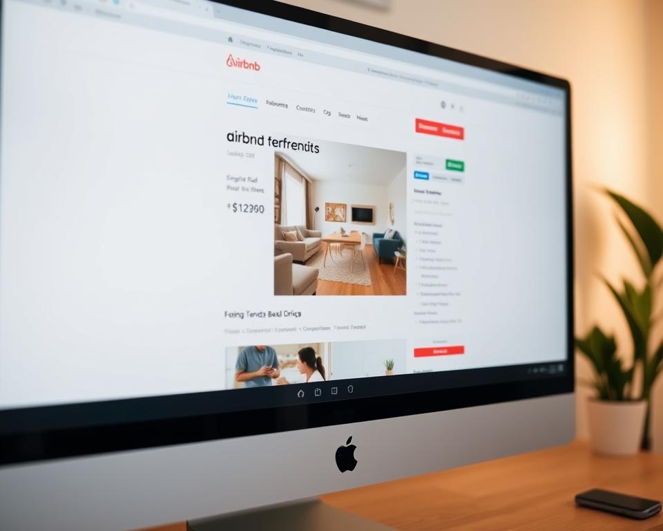 A close-up view of an Airbnb listing page, shot with a high-quality DSLR camera. The page is displayed on a large, high-resolution monitor, with a clean, minimalist interface. The listing's title, price, and key details are prominently featured, drawing the viewer's attention. The page's layout and design elements are carefully balanced, creating a sense of visual harmony. The lighting is soft and diffused, creating a warm, inviting atmosphere. The background is slightly blurred, keeping the focus on the listing information. The overall impression is one of professionalism, efficiency, and a user-friendly platform that helps potential guests discover the best Airbnb accommodations.