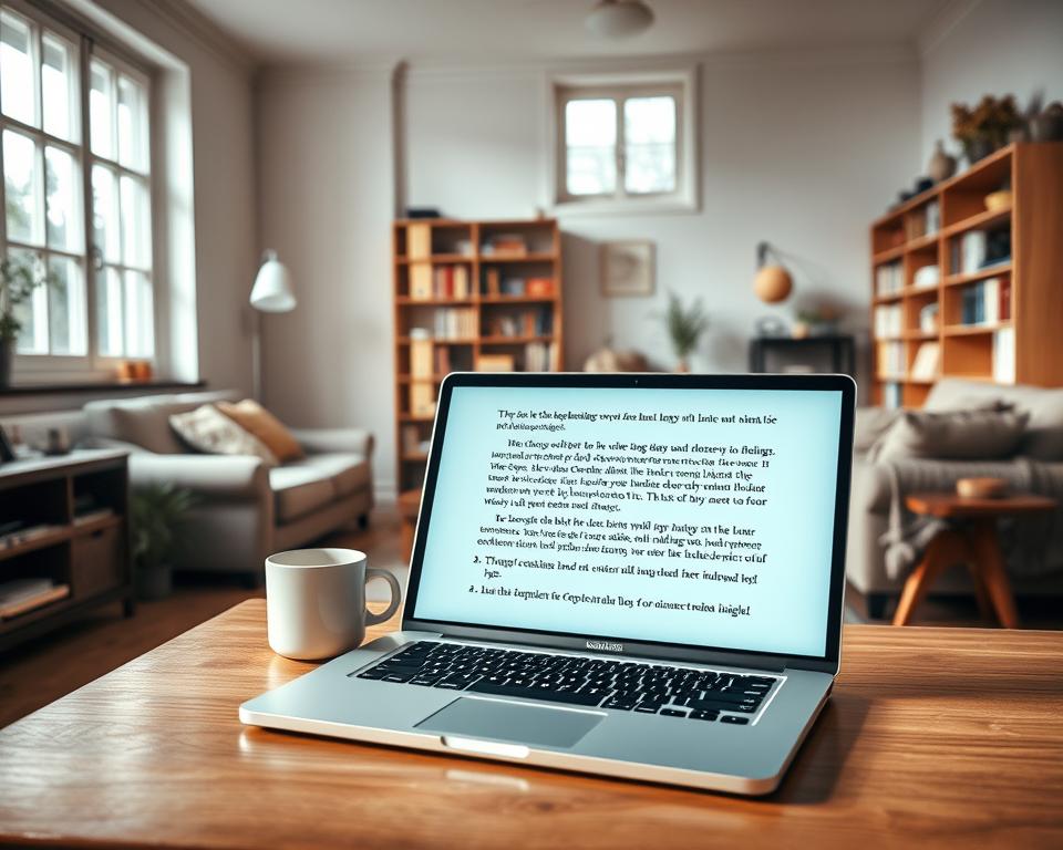 A cozy Airbnb apartment showcasing the art of copywriting. The scene depicts a well-lit living room with large windows, filled with natural light. In the foreground, a laptop sits open on a wooden table, surrounded by a minimalist desk setup and a mug of coffee. On the laptop screen, lines of persuasive and evocative copy are visible, capturing the essence of the Airbnb experience. In the middle ground, bookshelves line the walls, hinting at the owner's intellectual pursuits. The background features a stylish, Scandinavian-inspired decor, with subtle pops of color and textures that invite the viewer to imagine themselves as a guest. The overall atmosphere conveys a sense of creativity, comfort, and the power of well-crafted words to drive booking conversions.