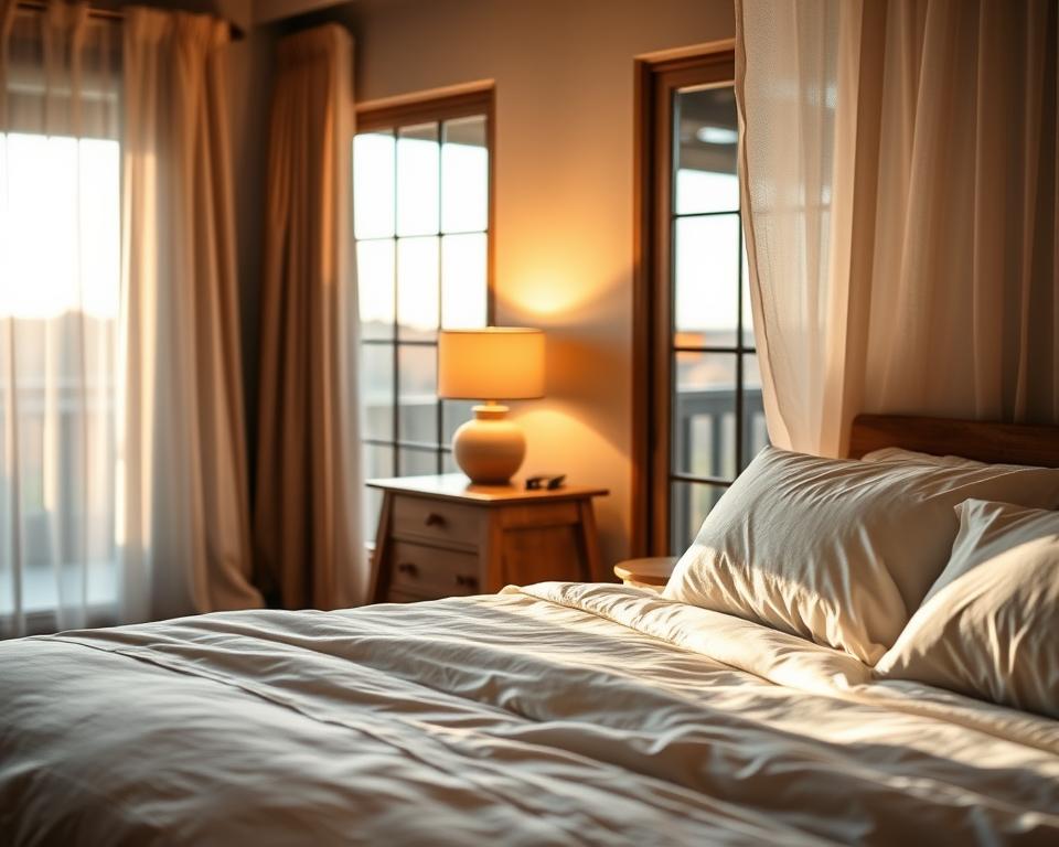 A cozy Airbnb bedroom bathed in warm, inviting light. In the foreground, a plush, neatly made bed with crisp white linens and fluffy pillows. Soft, diffused illumination filters through sheer curtains, casting a gentle glow across the scene. In the middle ground, a rustic wooden nightstand holds a stylish lamp, its muted tones complementing the earthy color palette. The background reveals a tranquil view through a large window, hinting at the serene outdoor environment beyond. The overall atmosphere is one of comfort, relaxation, and effortless charm, showcasing how thoughtful lighting can elevate the appeal of a vacation rental.