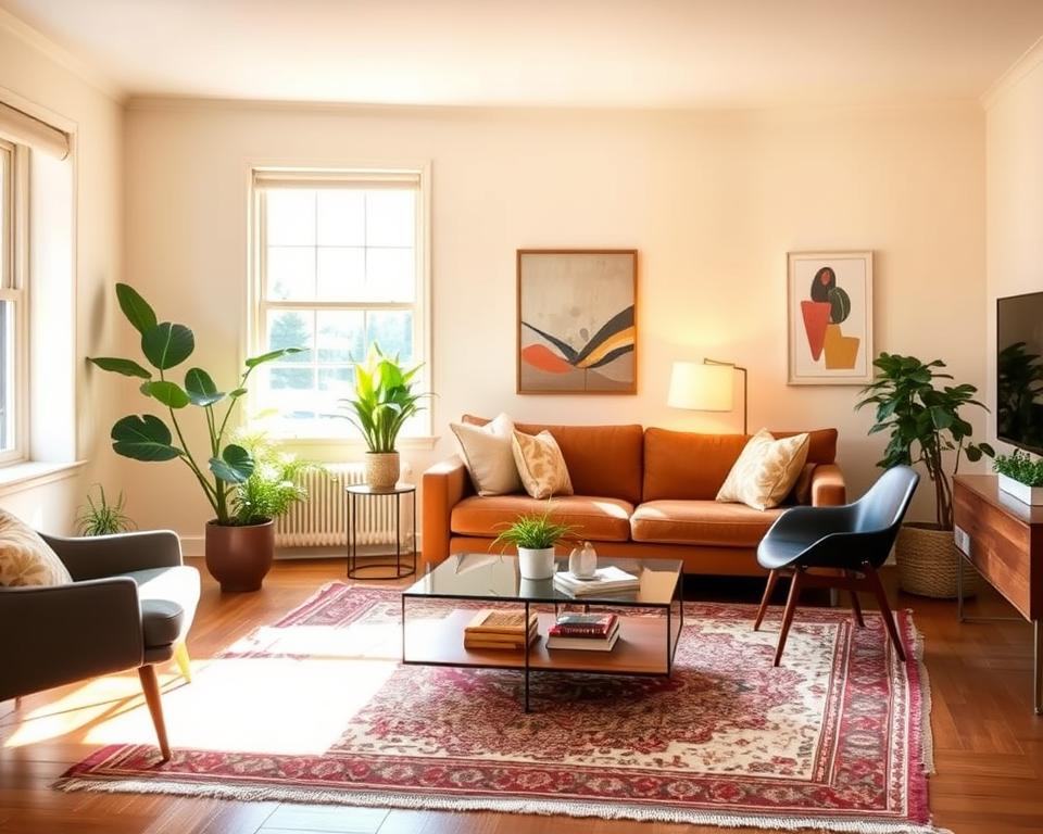 A cozy Airbnb living room, bathed in warm natural light filtering through large windows. Artfully arranged furniture, including a plush velvet sofa, a mid-century inspired armchair, and a sleek, minimalist coffee table. Carefully curated decorative accents like potted plants, abstract wall art, and a vintage area rug tie the space together. The room has a harmonious, inviting atmosphere, showcasing the power of thoughtful home staging to enhance a property's appeal.