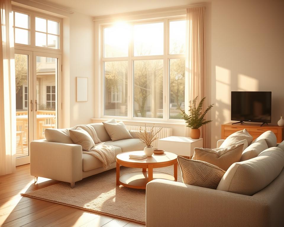 A cozy Airbnb living room flooded with warm, natural light streaming through large windows. The room has a minimalist, Scandinavian-inspired design with white walls, light wood furniture, and plush, neutral-toned textiles. Soft shadows create depth and dimension, highlighting the tactile textures of the space. Sunlight filters in, casting a golden glow and creating a serene, inviting atmosphere. The overall scene exudes a sense of tranquility and comfort, perfectly capturing the essence of "l'&eacute;clairage naturel, votre meilleur alli&eacute;".
