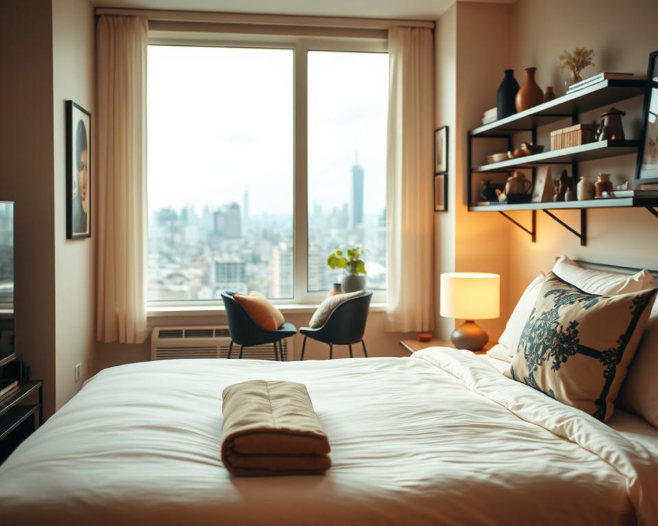 A cozy Airbnb rental apartment with a warm, inviting atmosphere. In the foreground, a neatly made bed with plush bedding and several decorative pillows. On the bedside table, a stylish lamp casts a soft, ambient glow. In the middle ground, a large window overlooks a picturesque cityscape, with natural light flooding the room. The walls are adorned with tasteful artwork and shelves displaying various decorative items. The overall scene conveys a sense of comfort, relaxation, and attention to detail, showcasing the property's potential to attract guests.