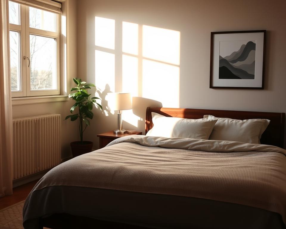A cozy Airbnb room, bathed in warm, natural lighting from a large window. The bed is neatly made, with plush pillows and a soft, textured comforter. A wooden nightstand stands beside the bed, a lamp casting a gentle glow. In the corner, a potted plant adds a touch of greenery, while a framed piece of artwork hangs on the wall, complementing the room's neutral color palette. The overall atmosphere is relaxed and inviting, conveying a sense of comfort and tranquility.
