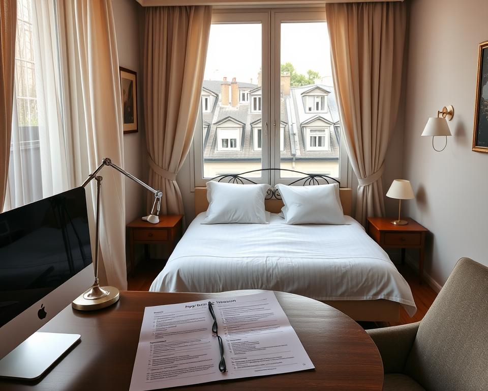 A cozy Parisian apartment showcasing an Airbnb listing. The foreground features a stylish, well-organized workspace with a desktop computer, desk lamp, and a checklist document open. The middle ground presents a neatly made queen-sized bed with crisp white linens and plush pillows, flanked by tasteful bedside tables. The background depicts a large window overlooking the charming rooftops of the city, bathed in warm, diffused natural light that filters through sheer curtains. The overall atmosphere is one of refined elegance, cleanliness, and attention to detail - creating an inviting and visually appealing representation of a successful Airbnb listing.