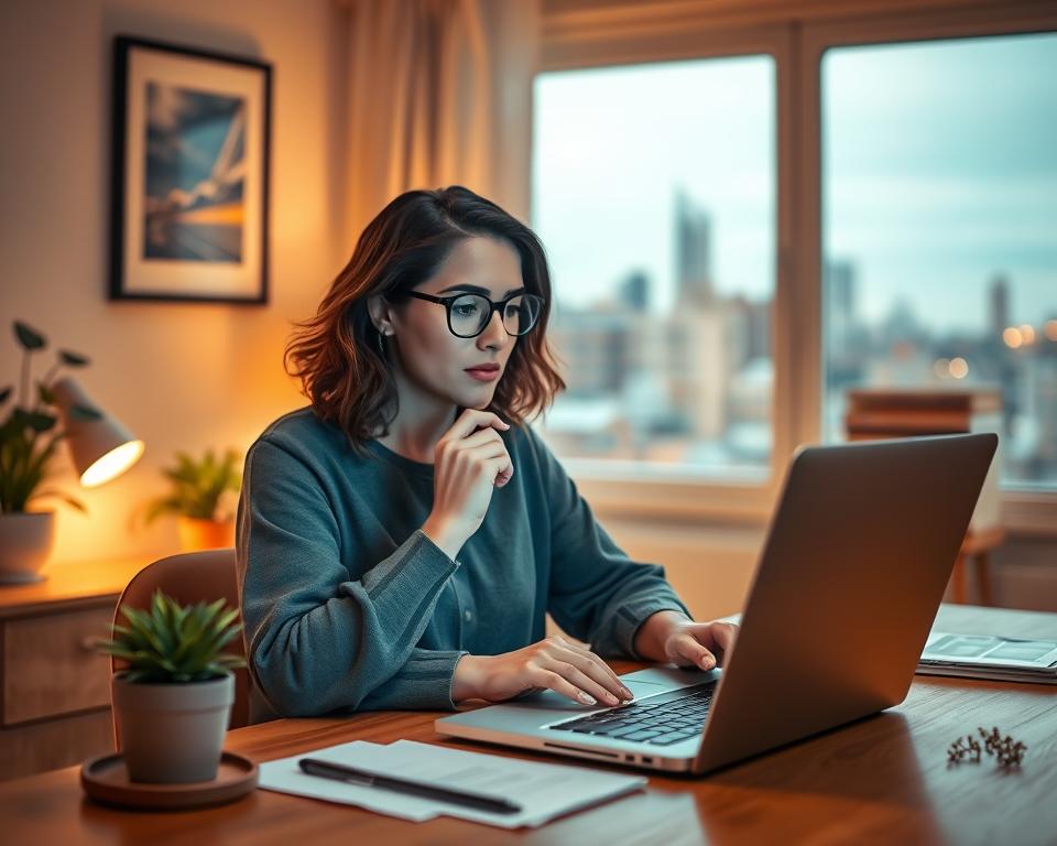 A cozy home office scene with an Airbnb host reviewing customer reviews on a laptop. Soft, warm lighting illuminates the workspace, with a wooden desk, a potted plant, and a framed photograph on the wall. The host's face is thoughtful as they carefully read through the feedback, surrounded by a sense of tranquility and focus. The background features a blurred view of a city skyline through a window, hinting at the broader context of the Airbnb business. The overall atmosphere conveys the importance of customer reviews in managing a successful vacation rental.