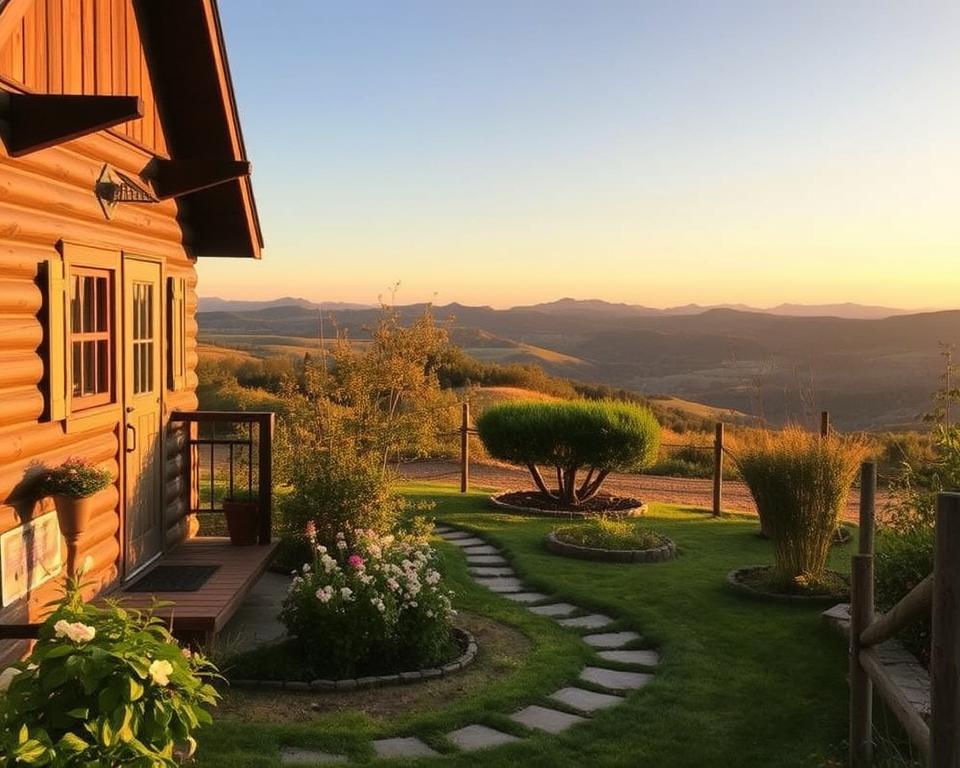 A cozy, inviting Airbnb listing nestled in a picturesque countryside setting. The foreground showcases a charming, rustic exterior with a well-maintained facade, wooden accents, and a quaint front porch. The middle ground features a beautifully landscaped garden with lush greenery, blooming flowers, and a meandering path leading to the entrance. In the background, rolling hills and a breathtaking natural landscape create a serene, tranquil atmosphere, bathed in warm, golden-hour lighting. The overall mood evokes a sense of comfort, relaxation, and the allure of a unique, immersive vacation experience.