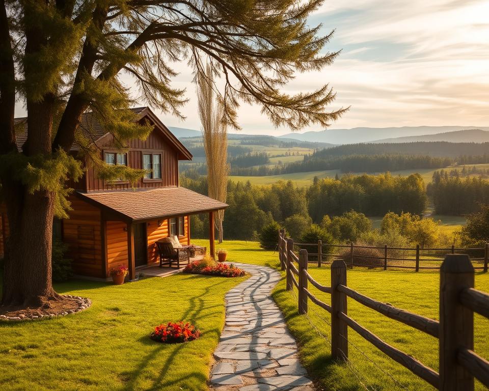 A cozy seasonal rental property nestled in a picturesque countryside setting. In the foreground, a charming two-story cottage with a warm, inviting exterior, its rustic wooden siding and gabled roof blending seamlessly with the lush, verdant landscape. Tall, swaying trees frame the scene, casting dappled shadows across the well-manicured lawn. In the middle ground, a stone pathway leads to the cottage's entrance, flanked by vibrant flower beds and a quaint wooden fence. The background features rolling hills, a distant forest, and a dreamy, soft-focus sky with wispy clouds, creating a serene, tranquil atmosphere. The lighting is soft and golden, evoking a sense of comfort and relaxation, perfectly capturing the essence of a cozy, seasonal rental retreat. A cozy seasonal rental property nestled in a picturesque countryside setting. In the foreground, a charming two-story cottage with a warm, inviting exterior, its rustic wooden siding and gabled roof blending seamlessly with the lush, verdant landscape. Tall, swaying trees frame the scene, casting dappled shadows across the well-manicured lawn. In the middle ground, a stone pathway leads to the cottage's entrance, flanked by vibrant flower beds and a quaint wooden fence. The background features rolling hills, a distant forest, and a dreamy, soft-focus sky with wispy clouds, creating a serene, tranquil atmosphere. The lighting is soft and golden, evoking a sense of comfort and relaxation, perfectly capturing the essence of a cozy, seasonal rental retreat.