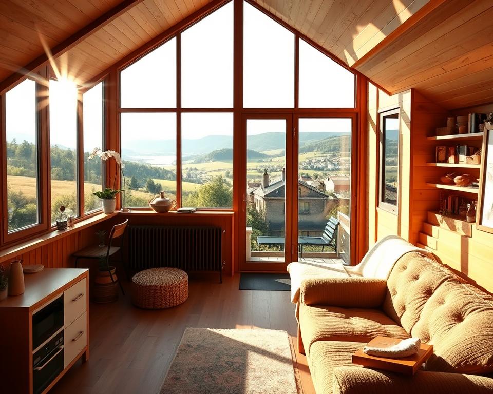 A cozy, sun-drenched loft with floor-to-ceiling windows overlooking a serene countryside. Warm wooden accents and plush furnishings create a welcoming, hygge-inspired ambiance. Streams of natural light pour in, illuminating a minimalist kitchenette and a tranquil reading nook. In the distance, rolling hills and a quaint village nestled among lush greenery. The space exudes a sense of peace and mindfulness, inviting guests to unwind and immerse themselves in the charm of the local environment. A cozy, sun-drenched loft with floor-to-ceiling windows overlooking a serene countryside. Warm wooden accents and plush furnishings create a welcoming, hygge-inspired ambiance. Streams of natural light pour in, illuminating a minimalist kitchenette and a tranquil reading nook. In the distance, rolling hills and a quaint village nestled among lush greenery. The space exudes a sense of peace and mindfulness, inviting guests to unwind and immerse themselves in the charm of the local environment.