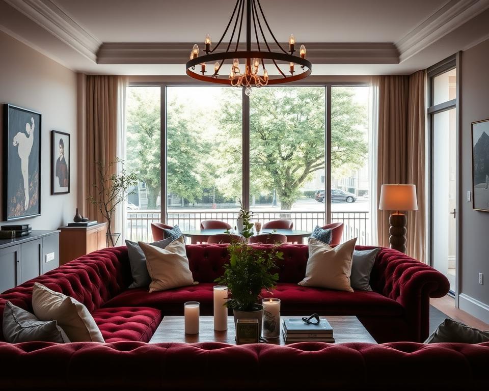 A cozy, well-appointed Airbnb suite with luxurious furnishings and d&eacute;cor. In the foreground, a plush, tufted velvet sofa in a rich burgundy hue, accented with soft, linen throw pillows. Overhead, a modern, wrought-iron chandelier casts a warm, ambient glow. In the middle ground, a large, wooden coffee table is adorned with decorative candles and a lush, potted plant. Along the back wall, floor-to-ceiling windows offer a picturesque view of a tranquil, tree-lined street outside. Soft, diffused lighting creates a serene, inviting atmosphere, while carefully curated art and textiles evoke a sense of comfort and sophistication.