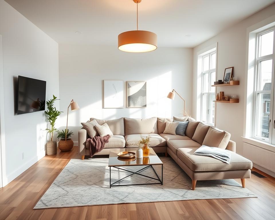 A cozy, well-lit Airbnb living room with an inviting, contemporary design. The space features a plush, neutral-toned sectional sofa, complemented by a modern coffee table and a stylish area rug. Soft, diffused lighting from a statement pendant fixture illuminates the room, creating a warm and welcoming ambiance. Large windows allow natural light to flood the space, making it feel bright and airy. Carefully curated wall decor, such as minimalist artwork and floating shelves, add depth and character to the room. The overall atmosphere is one of comfort, elegance, and a touch of Scandinavian influence, perfectly capturing the essence of a transformed Airbnb space.