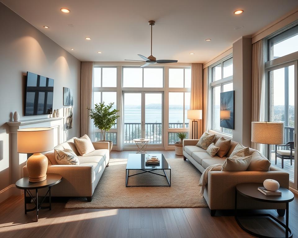 A cozy, well-lit living room showcasing best practices for vacation rental photography. The scene features a spacious, minimalist interior with large windows allowing ample natural light to pour in, casting a warm, inviting glow. Tasteful, modern decor and furnishings create a sophisticated yet comfortable ambiance. The camera angle is positioned to accentuate the room's depth and dimensions, drawing the viewer's eye through the space. Soft, diffused lighting from strategically placed lamps and overhead fixtures creates an even, flattering illumination without harsh shadows. The overall composition and lighting evoke a sense of serenity and relaxation, perfectly capturing the allure of this vacation rental.