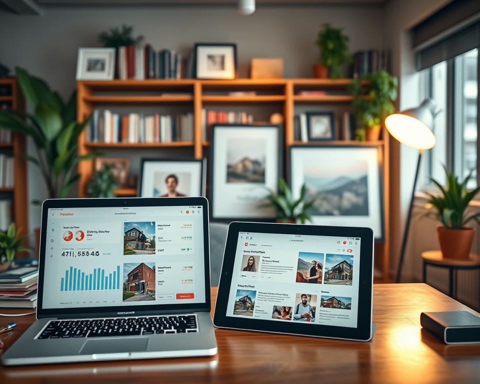 A cozy, well-lit office setting showcasing three Airbnb case studies. In the foreground, a laptop displays rental statistics and customer reviews. On the desk, a tablet highlights property listings and booking details. In the middle ground, framed photos of satisfied guests and 5-star ratings are prominently displayed. The background features floor-to-ceiling bookshelves, potted plants, and warm task lighting, creating an atmosphere of professionalism and success. The overall scene conveys the insights and experiences of seasoned Airbnb hosts, ready to share their strategies for improving visibility and occupancy. A cozy, well-lit office setting showcasing three Airbnb case studies. In the foreground, a laptop displays rental statistics and customer reviews. On the desk, a tablet highlights property listings and booking details. In the middle ground, framed photos of satisfied guests and 5-star ratings are prominently displayed. The background features floor-to-ceiling bookshelves, potted plants, and warm task lighting, creating an atmosphere of professionalism and success. The overall scene conveys the insights and experiences of seasoned Airbnb hosts, ready to share their strategies for improving visibility and occupancy.