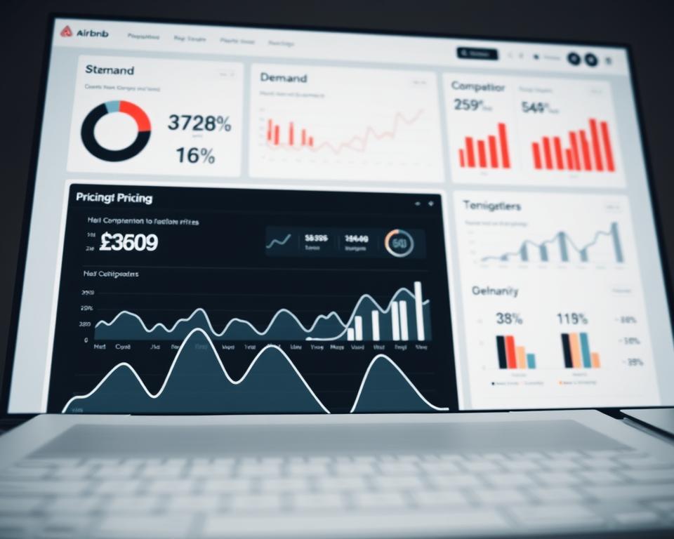 A data visualization dashboard displaying key metrics and insights for Airbnb pricing optimization. In the foreground, a line graph showcases historical pricing trends and performance. In the middle ground, scatter plots and bar charts analyze demand, occupancy rates, and competitor pricing. The background features a minimalist interface with clean typography and icons, creating a sleek, professional aesthetic. Subtle lighting and camera angle emphasize the dashboard's usability and analytical depth. The overall mood is one of data-driven decision making, empowering hosts to make informed, strategic pricing choices.