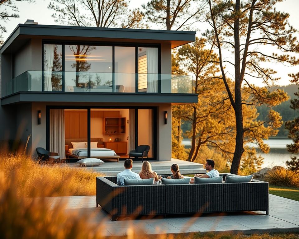 A luxurious Airbnb rental nestled in a serene, natural setting. The elegant exterior features sophisticated architectural details, with large windows that allow natural light to flood the interior. The minimalist, high-end furnishings create a calming, sophisticated ambiance. In the foreground, a group of guests relax on a plush outdoor sofa, enjoying the stunning views of a nearby lake or forest. The background is softly blurred, emphasizing the focus on the rental's luxurious amenities and tranquil atmosphere. Warm, golden lighting casts a cozy glow, while a slight depth of field draws the viewer's attention to the well-curated design elements. An image that conveys the premium quality and soothing, exclusive feel of a high-end Airbnb experience.