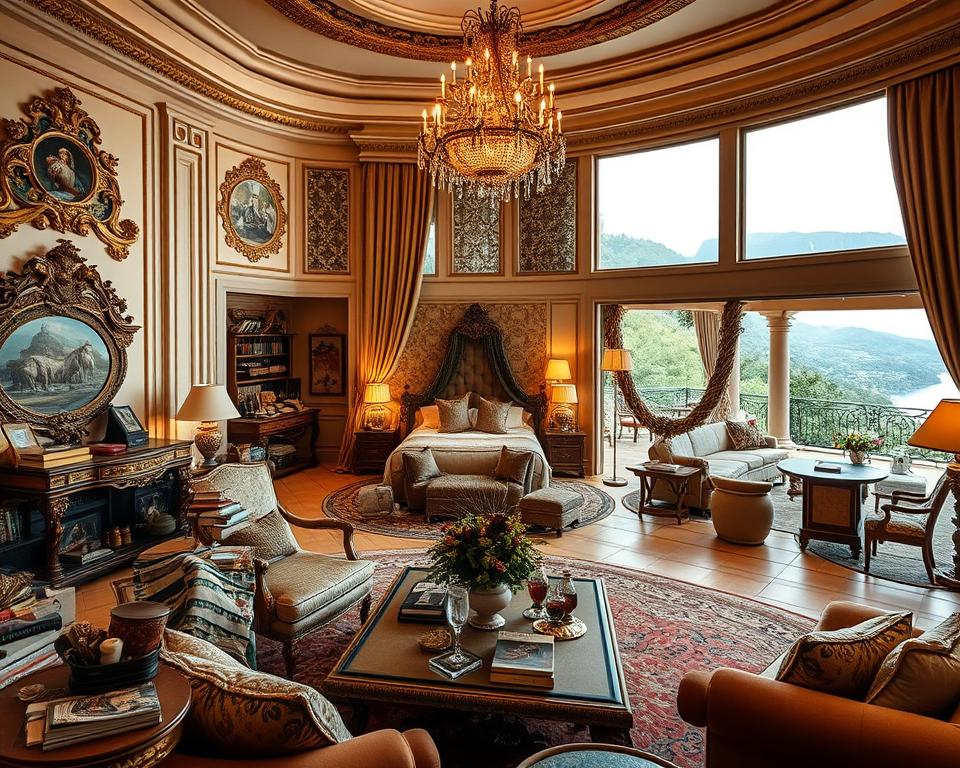 A luxurious Airbnb vacation rental showcasing common mistakes to avoid in high-end listings. The foreground depicts a lavishly furnished living room with ornate decor, elegant furnishings, and plush textiles, but cluttered with too many unnecessary items. The middle ground features a bedroom with an opulent, oversized bed and chandelier, but the space feels crowded and lacks cohesive style. In the background, an expansive outdoor terrace overlooks a picturesque landscape, but the furniture and styling appear dated and haphazard. Soft, warm lighting illuminates the scene, creating a sense of grandeur, but the overall impression feels inauthentic and lacking in thoughtful, intentional design. The image conveys a cautionary tale of how excessive luxury can backfire in Airbnb listings, emphasizing the importance of balance, restraint, and a curated aesthetic. A luxurious Airbnb vacation rental showcasing common mistakes to avoid in high-end listings. The foreground depicts a lavishly furnished living room with ornate decor, elegant furnishings, and plush textiles, but cluttered with too many unnecessary items. The middle ground features a bedroom with an opulent, oversized bed and chandelier, but the space feels crowded and lacks cohesive style. In the background, an expansive outdoor terrace overlooks a picturesque landscape, but the furniture and styling appear dated and haphazard. Soft, warm lighting illuminates the scene, creating a sense of grandeur, but the overall impression feels inauthentic and lacking in thoughtful, intentional design. The image conveys a cautionary tale of how excessive luxury can backfire in Airbnb listings, emphasizing the importance of balance, restraint, and a curated aesthetic.