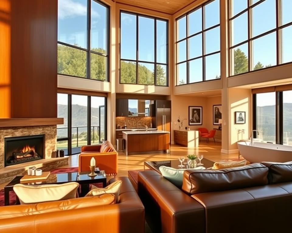 A luxurious Airbnb vacation rental, showcasing the epitome of high-end hospitality. The foreground depicts a meticulously designed living room, with plush leather sofas, a grand fireplace, and floor-to-ceiling windows offering breathtaking views of a serene landscape. The middle ground features a well-appointed kitchen, complete with gleaming stainless steel appliances and a large central island. In the background, a lavish bedroom suite with a king-sized bed, elegant furnishings, and an ensuite bathroom with a freestanding bathtub. Warm, natural lighting floods the space, creating a cozy and inviting atmosphere. The overall scene conveys a sense of opulence, comfort, and attention to detail that would captivate any discerning Airbnb traveler. A luxurious Airbnb vacation rental, showcasing the epitome of high-end hospitality. The foreground depicts a meticulously designed living room, with plush leather sofas, a grand fireplace, and floor-to-ceiling windows offering breathtaking views of a serene landscape. The middle ground features a well-appointed kitchen, complete with gleaming stainless steel appliances and a large central island. In the background, a lavish bedroom suite with a king-sized bed, elegant furnishings, and an ensuite bathroom with a freestanding bathtub. Warm, natural lighting floods the space, creating a cozy and inviting atmosphere. The overall scene conveys a sense of opulence, comfort, and attention to detail that would captivate any discerning Airbnb traveler.