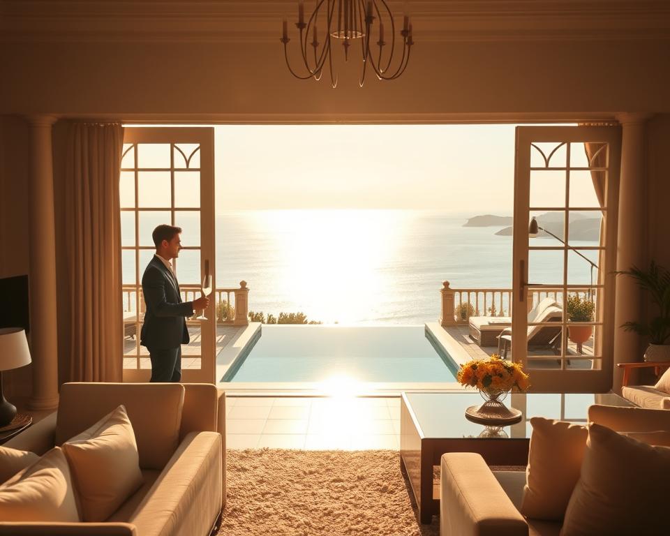 A luxurious Airbnb villa overlooking a serene coastal landscape, with the sun's golden rays filtering through the balcony's ornate French windows. In the foreground, a stylish couple sipping champagne, surrounded by tasteful modern furnishings and designer decor. The middle ground features a private infinity pool reflecting the stunning ocean view, while the background showcases a picturesque Mediterranean horizon. The scene is captured with a shallow depth of field, creating a dreamy, cinematic atmosphere that evokes a sense of exclusivity and high-end living. Warm, soft lighting accentuates the property's sophisticated, minimalist aesthetic, inviting viewers to imagine the ultimate digital-era luxury experience.
