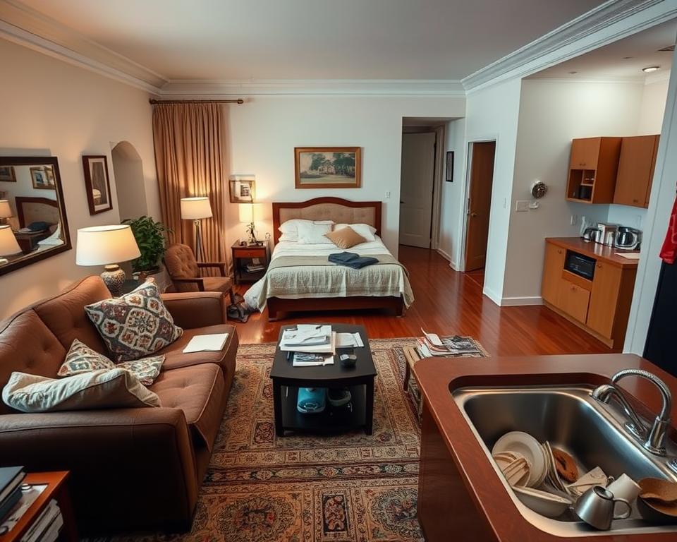 A luxurious apartment interior with common rental listing mistakes visible. The foreground showcases a cluttered living room with mismatched furniture, poor lighting, and an outdated decor. The middle ground features a bedroom with an unmade bed and cluttered nightstands. In the background, a kitchen with dirty dishes piled in the sink and outdated appliances. The overall scene conveys a sense of disorganization and lack of attention to detail, highlighting the importance of crafting an enticing, well-presented rental listing. Captured with a wide-angle lens to emphasize the spatial awareness, and lit with soft, natural lighting to create a warm, inviting atmosphere.