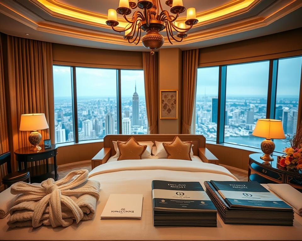 A luxurious hotel suite, bathed in warm, soft lighting from a chandelier overhead. In the foreground, a meticulously arranged display of exclusive amenities and services, including plush bathrobes, high-end toiletries, and a stack of glossy brochures. The middle ground showcases a large, ornate bed with crisp, white linens and an array of throw pillows. In the background, a panoramic window offers a breathtaking view of a bustling city skyline. The mood is one of elegance, comfort, and the promise of an unforgettable experience, enticing potential guests to indulge in the property's exclusive promotional offerings.
