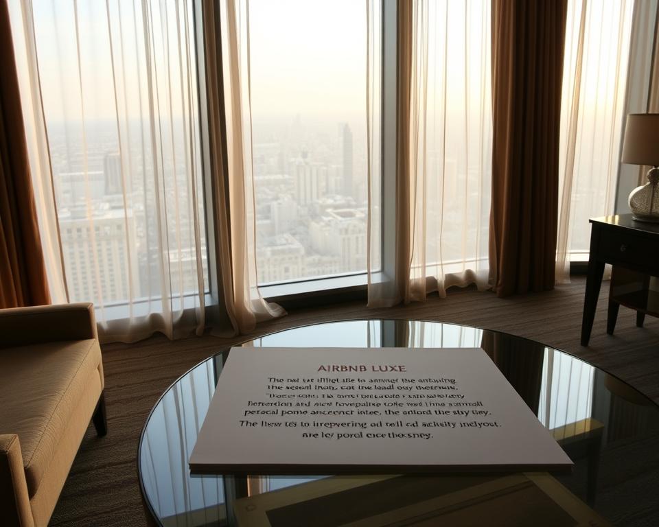 A luxurious hotel suite with floor-to-ceiling windows, overlooking a breathtaking cityscape. Soft, warm lighting filters through sheer curtains, casting a cozy glow. On a glass-topped coffee table, a meticulously arranged set of bullet points elegantly announces the Airbnb Luxe experience - each detail a tantalizing invitation to an exceptional stay. The bullet points are rendered in a sophisticated, serif font, reflecting the high-end nature of the property. The overall scene conveys a sense of refined elegance, where every element seamlessly contributes to the narrative of an exceptional, tailored accommodation. A luxurious hotel suite with floor-to-ceiling windows, overlooking a breathtaking cityscape. Soft, warm lighting filters through sheer curtains, casting a cozy glow. On a glass-topped coffee table, a meticulously arranged set of bullet points elegantly announces the Airbnb Luxe experience - each detail a tantalizing invitation to an exceptional stay. The bullet points are rendered in a sophisticated, serif font, reflecting the high-end nature of the property. The overall scene conveys a sense of refined elegance, where every element seamlessly contributes to the narrative of an exceptional, tailored accommodation.