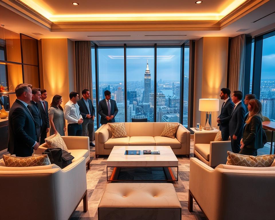 A luxurious, modern living room with sophisticated decor and elegant furnishings. In the foreground, a group of well-dressed individuals, seemingly engaged in a lively discussion, their faces expressing a sense of satisfaction and contentment. The room is bathed in warm, ambient lighting, casting a soft glow and creating a cozy, inviting atmosphere. The middle ground features a large, plush sofa and armchairs, complemented by a sleek, minimalist coffee table. In the background, floor-to-ceiling windows offer a panoramic view of a bustling city skyline, adding a touch of urban sophistication. The overall scene conveys a sense of exclusivity, high-end aesthetics, and a premium travel experience.