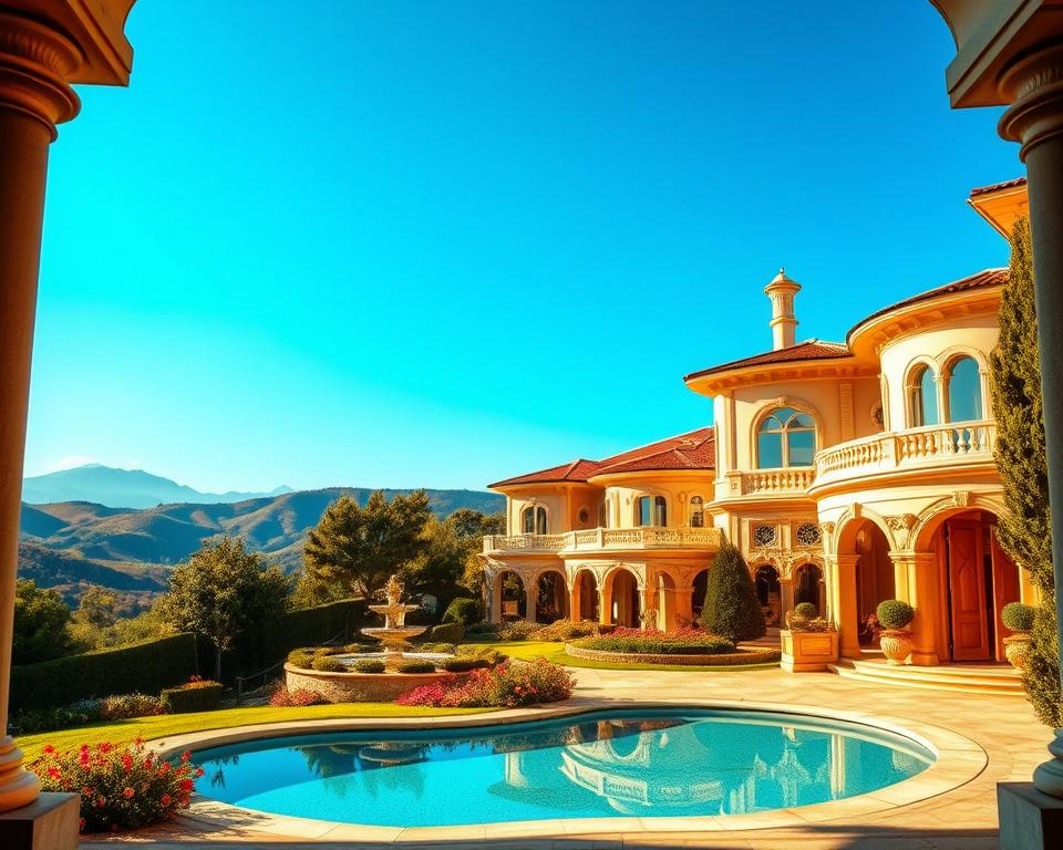 A luxurious, sun-drenched villa nestled in a lush, verdant landscape. The foreground features a grand, opulent entrance with intricate architectural details and elegant double doors, inviting the viewer inside. The middle ground showcases a well-manicured garden with vibrant flowers and a tranquil, crystalline pool reflecting the azure sky above. In the background, rolling hills and distant mountains create a picturesque, serene backdrop, conveying a sense of exclusivity and privacy. Warm, golden lighting bathes the scene, evoking a feeling of sophisticated charm and high-end sophistication. The overall composition exudes an air of refined elegance and premium quality.
