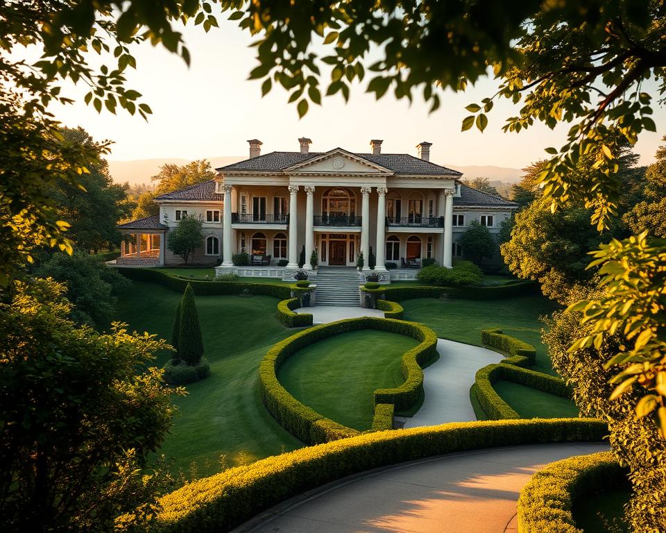 A luxurious villa nestled amidst lush greenery, its grand fa&ccedil;ade bathed in warm, golden light. In the foreground, a wide-angle lens captures the sweeping architectural details - ornate columns, intricate cornices, and expansive windows that seem to invite the viewer inside. The middle ground showcases the villa's immaculate landscaping, with neatly trimmed hedges and a winding path leading towards the entrance. In the background, a hazy horizon suggests the villa's secluded, prestigious location. The overall atmosphere evokes a sense of opulence, elegance, and the photographer's keen eye for capturing the essence of this grand, luxury property.