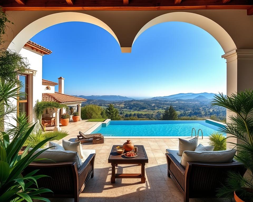 A luxurious villa nestled amidst lush, verdant foliage, its crisp white walls and terracotta roof tiles bathed in the warm glow of the Mediterranean sun. Expansive, arched windows frame a serene infinity pool, its shimmering surface reflecting the tranquil azure sky above. Elegant outdoor furnishings, crafted from weathered wood and plush fabrics, invite guests to lounge in comfort and soak in the breathtaking vistas of rolling hills and distant mountains. A sense of timeless elegance and refined sophistication permeates the scene, evoking the essence of a luxury vacation retreat.