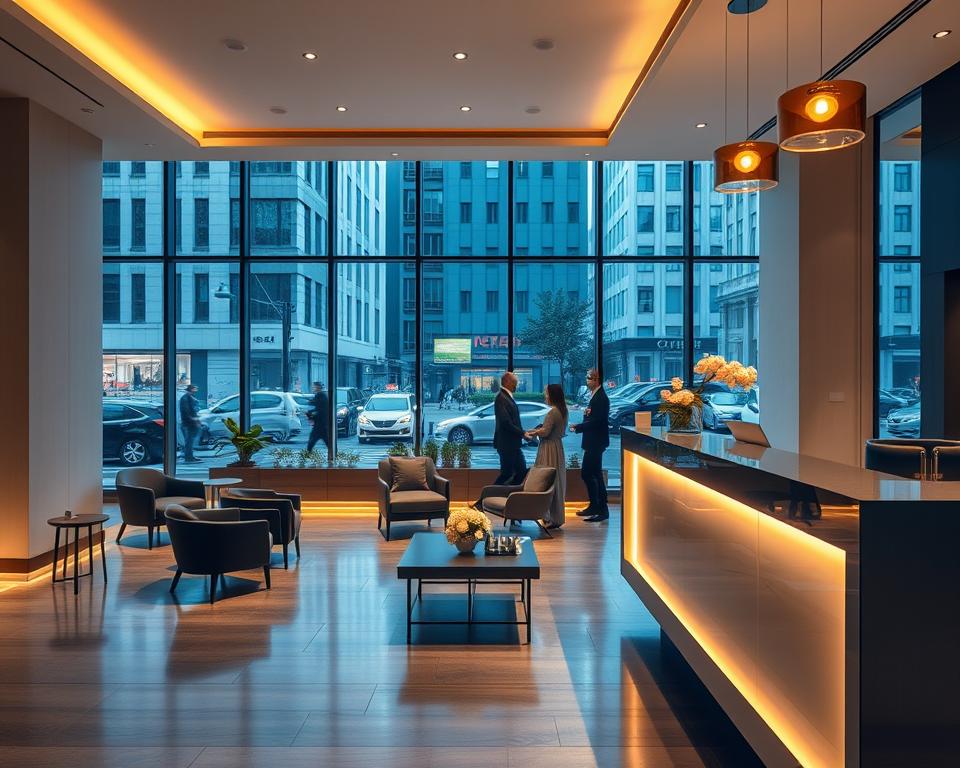 A modern, minimalist hotel lobby with a stylish reception desk in the foreground. Warm, diffused lighting from overhead fixtures creates a welcoming ambiance. Tasteful, contemporary furnishings including sleek chairs and a low coffee table in the middle ground. Large windows in the background offer a view of a bustling city street outside, with people passing by. The scene conveys a sense of professionalism and attention to detail, reflecting the "conditions réservation" for booking accommodations. A modern, minimalist hotel lobby with a stylish reception desk in the foreground. Warm, diffused lighting from overhead fixtures creates a welcoming ambiance. Tasteful, contemporary furnishings including sleek chairs and a low coffee table in the middle ground. Large windows in the background offer a view of a bustling city street outside, with people passing by. The scene conveys a sense of professionalism and attention to detail, reflecting the "conditions réservation" for booking accommodations.