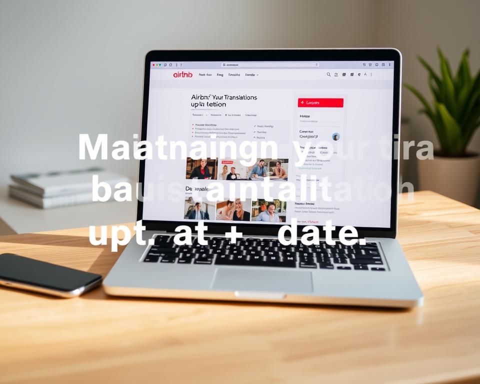 A multilingual Airbnb listing displayed on a laptop screen, situated on a wooden desk with a clean, minimalistic setup. The screen shows the listing in several languages, reflecting the concept of "Maintaining your translations up-to-date". The lighting is soft and natural, creating a warm, inviting atmosphere. The angle is slightly elevated, giving a sense of professionalism and attention to detail. The background is blurred, keeping the focus on the laptop and the multilingual content it displays.