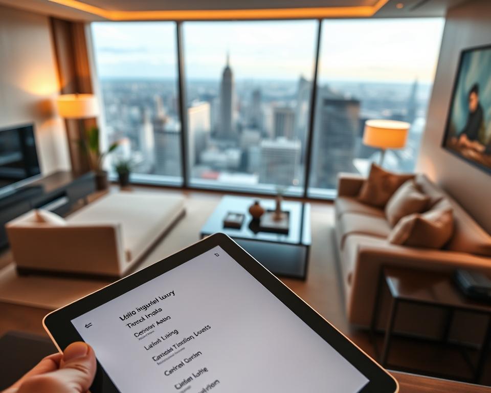 A multilingual luxury Airbnb advertisement for international guests, prominently displayed in a stylish, modern setting. In the foreground, a close-up of a tablet or mobile device showcasing a sleek, minimalist interface with several language options. The middle ground features a tastefully decorated living space, with high-end furnishings, warm lighting, and neutral tones that create a welcoming, sophisticated ambiance. In the background, a panoramic window offers a breathtaking view of a cosmopolitan cityscape, hinting at the global appeal of the Airbnb property. The overall composition conveys a sense of cultural diversity, exclusivity, and high-end hospitality catering to a discerning international clientele.