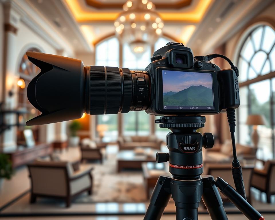 A professional-grade photography setup for capturing a luxurious villa, featuring a high-end DSLR camera mounted on a sturdy tripod, with a wide-angle lens to showcase the expansive interior. Soft, diffused lighting illuminates the scene, creating a warm, inviting atmosphere. The camera is positioned at a low angle to accentuate the grand architecture and elegant furnishings. The focus is sharp, capturing intricate details and textures, while the depth of field blurs the background, drawing the viewer's attention to the central subject. The overall composition is balanced and visually striking, showcasing the key elements that a real estate photographer would consider when documenting a premium property.