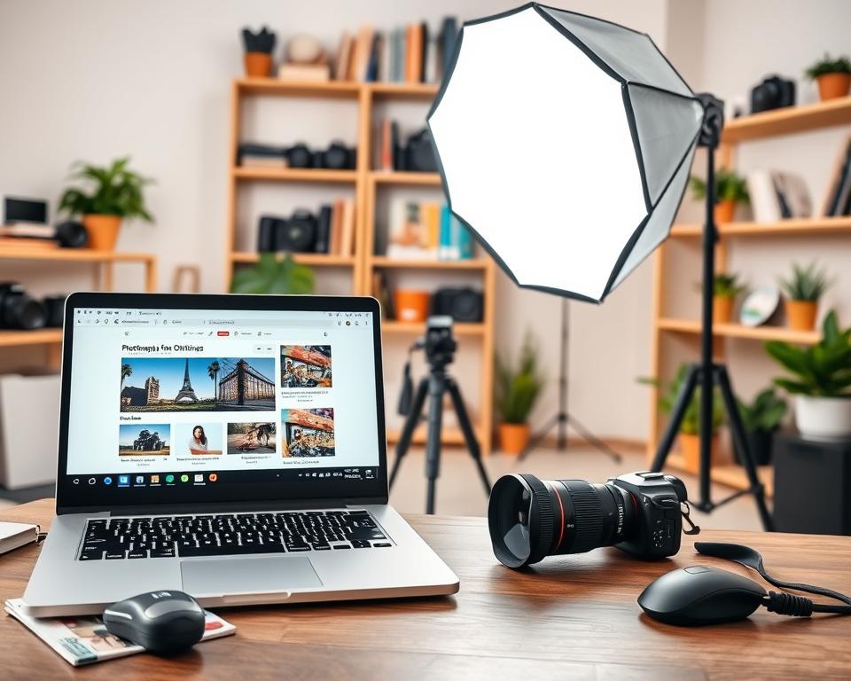 A professional photo studio setting with a large softbox lighting the scene. In the foreground, a laptop displaying website layout and optimization tools. Beside it, a stack of photography magazines and a mouse. In the middle ground, a DSLR camera on a tripod, lens focused on the laptop screen. The background features shelves of camera equipment, photography books, and potted plants, creating a warm, creative atmosphere. The lighting is soft and diffused, accentuating the textures and details of the scene. An overall sense of a photographer's workspace dedicated to optimizing images for online publication.