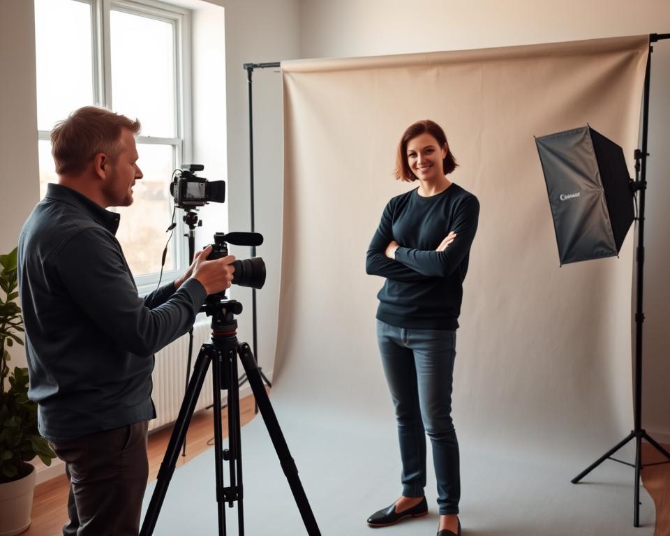 A professional photographer collaborating with a client in a modern, minimalist home studio. The photographer stands beside a tripod, camera in hand, offering guidance and direction to the client, who is posing confidently in front of a neutral backdrop. Soft, directional lighting from a large window accentuates the subject's features. The atmosphere is one of focused collaboration, with both individuals engaged in the creative process. The scene conveys a sense of professionalism, expertise, and a shared goal of capturing exceptional visuals.