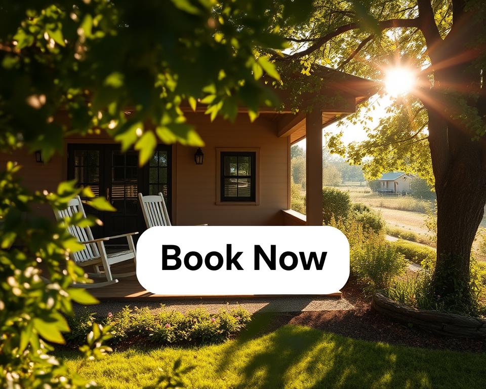 A serene Airbnb vacation rental nestled in a picturesque countryside setting. The frame captures a welcoming front porch with comfortable rocking chairs, inviting guests to relax and unwind. Sunlight filters through lush, verdant foliage, casting a warm, inviting glow. The architecture features clean, modern lines and earthy tones that blend harmoniously with the natural surroundings. In the foreground, a prominent "Book Now" call-to-action button stands out, beckoning potential guests to effortlessly secure their stay. The overall composition conveys a sense of tranquility, comfort, and the promise of a memorable Airbnb experience.