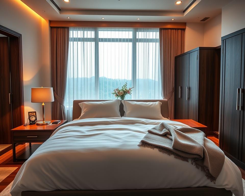 A serene, high-end Airbnb bedroom bathed in warm, diffused lighting. In the foreground, a plush, king-size bed with crisp, white linens and a luxurious, cashmere throw. Atop the elegant, wooden nightstands, a pair of sleek, modern table lamps and a decorative vase of fresh flowers. The middle ground features a large, floor-to-ceiling window, framed by delicate, sheer curtains, offering a tranquil, nature-inspired view. In the background, a minimalist, yet stylish dresser and wardrobe, both crafted from premium, dark-stained wood. The overall atmosphere exudes a sense of refined comfort and sophisticated, yet inviting ambiance.