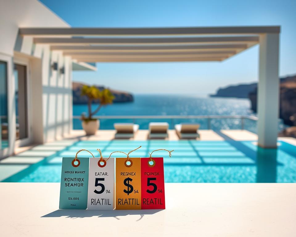 A serene, sun-drenched seaside villa with a sleek, minimalist design. In the foreground, a carefully curated display of price tags and rental details, arranged in a visually striking manner to evoke the psychology of pricing in the short-term rental market. The middle ground features a tranquil outdoor lounge area, where potential guests can imagine themselves relaxing and immersed in the coastal ambiance. The background showcases a picturesque panoramic view of the sparkling azure waters and distant cliffs, evoking a sense of escape and relaxation. The lighting is soft and natural, casting gentle shadows that accentuate the tactile details of the scene. The overall composition conveys a sophisticated, aspirational atmosphere that invites the viewer to consider the psychological factors influencing seasonal rental pricing.