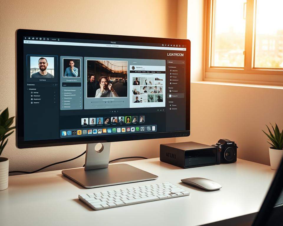 A sleek and modern Adobe Lightroom interface displayed on a high-resolution monitor, set against a clean and minimalist desk setup. The screen showcases a well-organized workspace with various editing tools, sliders, and panels, reflecting the software's powerful photo editing capabilities. Warm, natural lighting from a nearby window illuminates the scene, creating a calm and focused atmosphere. The overall composition emphasizes the user-friendly and professional nature of Lightroom, making it an ideal choice for the "Adobe Lightroom: my favorite for photo editing" section of the article.