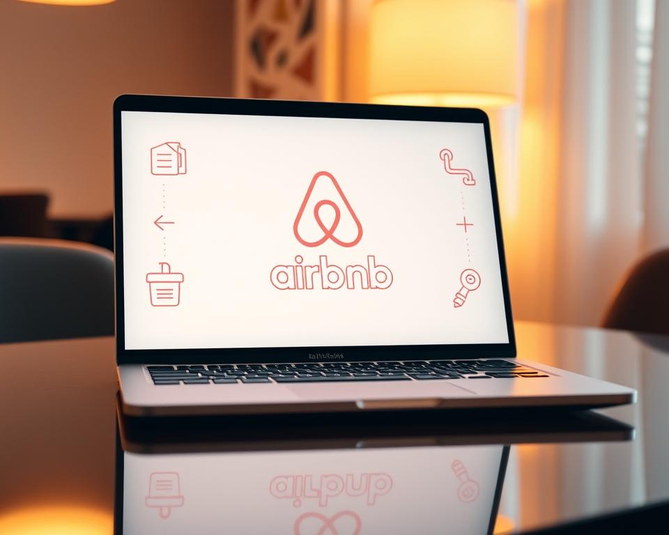 A sleek laptop screen displaying the Airbnb logo prominently, surrounded by stylized icons and UI elements hinting at the process of updating a vacation rental listing. Soft, warm lighting illuminates the scene, creating a professional and inviting atmosphere. The screen's reflection on the polished desk surface adds depth and a sense of modern, minimalist elegance. The overall composition draws the viewer's attention to the central focus - the Airbnb interface, emphasizing the importance of regularly updating one's vacation rental to optimize visibility and bookings.