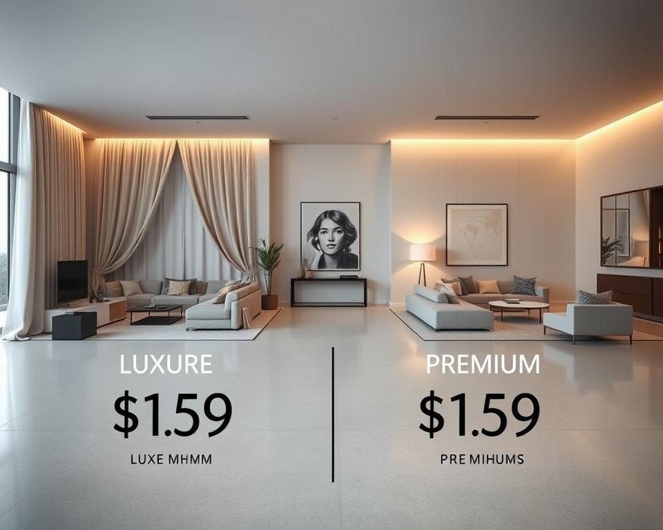 A sleek, minimalist comparison of luxury and premium pricing for seasonal rentals. In the foreground, two identical modern loft-style apartments, one draped in opulent fabrics and furnishings, the other with more subtle, high-quality finishes. Mid-ground showcases a side-by-side cost breakdown, luxe on the left, premium on the right, illuminated by soft, warm lighting. The background fades to an elegant, muted color palette, conveying the sophisticated, yet accessible nature of the two rental tiers. Captured through a wide-angle lens, the composition emphasizes the visual contrast and relative value proposition of luxury versus premium seasonal accommodations.