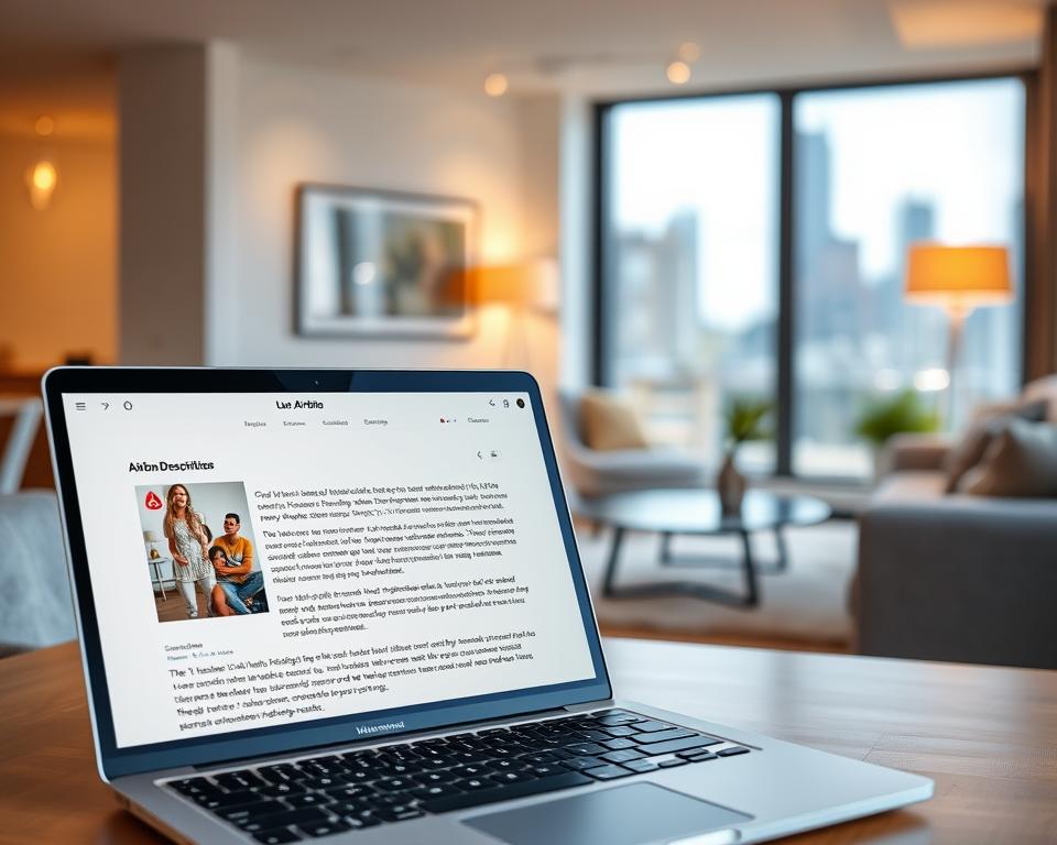 A sleek, modern Airbnb listing showcasing the benefits of AI-powered content creation. In the foreground, a laptop displays a well-crafted, visually appealing listing description, hinting at the effortless curation made possible by AI. The middle ground features a cozy, inviting living space with stylish furnishings and natural lighting, capturing the essence of the Airbnb experience. In the background, a cityscape or scenic landscape sets the stage, conveying a sense of adventure and exploration. The overall mood is one of efficiency, elegance, and the seamless integration of technology into the hospitality industry.