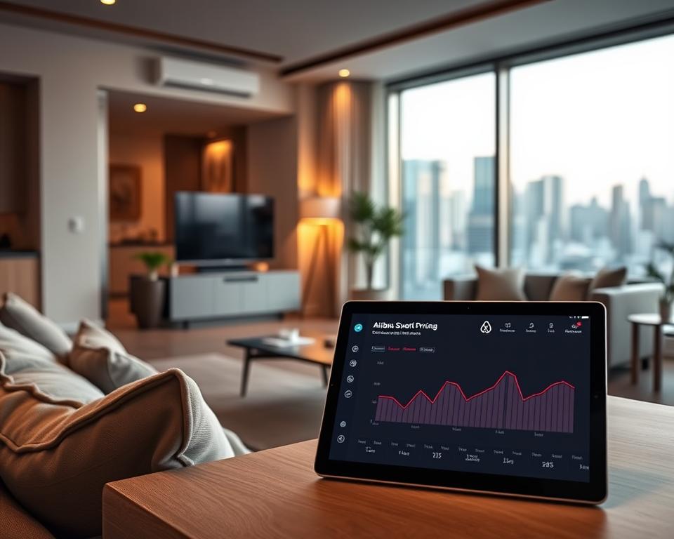 A sleek, modern Airbnb rental unit with smart home features. Stylish furnishings in muted tones, clean lines, and subtle textures. Subtle lighting casts a warm glow, highlighting automated systems like climate control, lighting, and security. In the foreground, a tablet interface showcases the Airbnb Smart Pricing dashboard, data visualizations conveying optimized rates. Outside the window, a picturesque city skyline. An atmosphere of seamless efficiency and technological sophistication, reflecting the promise of Airbnb's intelligent pricing tools.