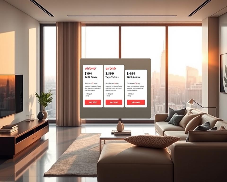 A sleek, modern apartment interior with a focus on the Airbnb pricing display. In the foreground, a minimalist living room with clean lines and neutral tones. The centerpiece is a floating display showing various Airbnb pricing options, their features, and target audience. The middle ground features a large window overlooking a bustling city skyline, casting warm, diffused lighting throughout the space. In the background, subtle hints of a home office setup, suggesting the connection between Airbnb pricing and the psychology of the short-term rental market. The overall mood is one of sophistication, technology, and the careful consideration of pricing strategies for different customer segments.