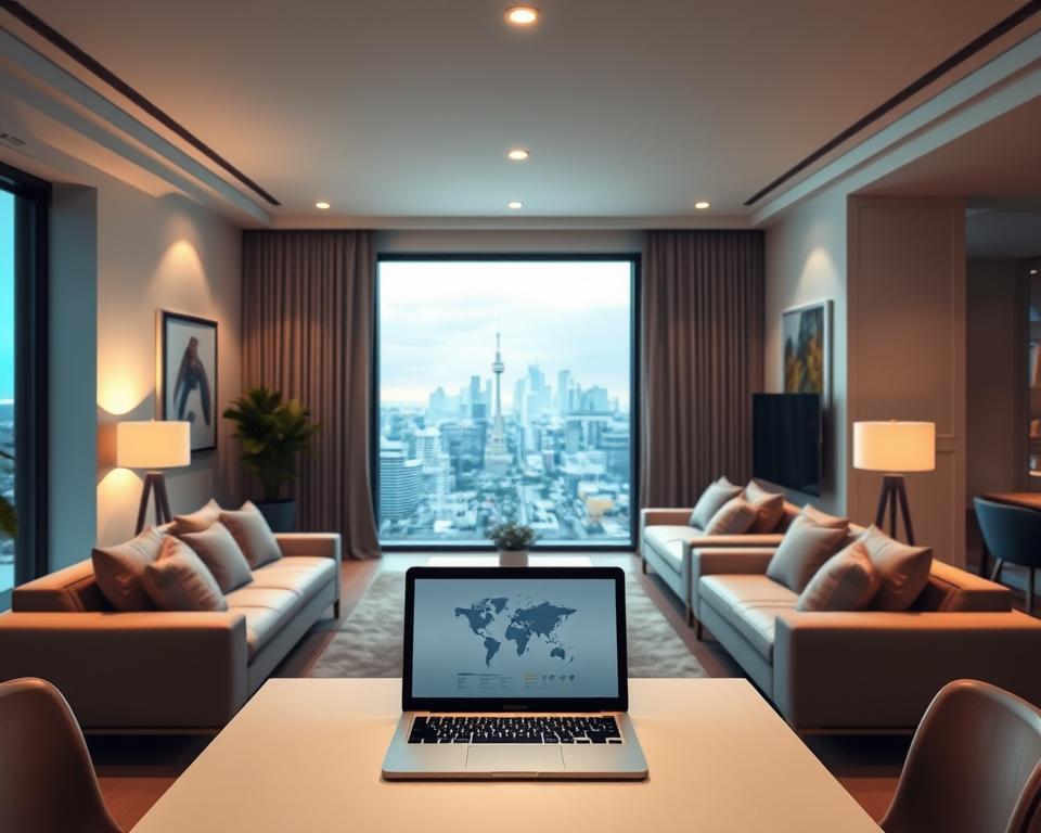 A sleek, modern apartment interior with an open floor plan. The living room features plush, minimalist furniture arranged around a large window overlooking a bustling city skyline. Subtle lighting fixtures cast a warm, inviting glow. In the foreground, a laptop and tablet are positioned on a simple, clean-lined desk, representing the digital tools and analytics used for Airbnb optimization strategies. The middle ground showcases a large, stylized world map, symbolizing the global reach and versatility of Airbnb. The background blends seamlessly, with muted tones and a sense of urban sophistication, capturing the essence of common Airbnb optimization techniques.